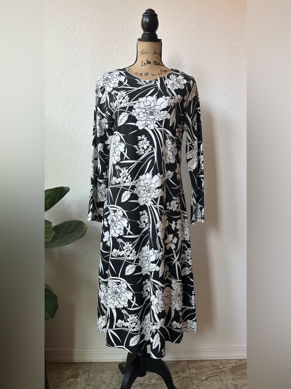 bryn Walker Black and White Rya Ponti Floral Midi Dress